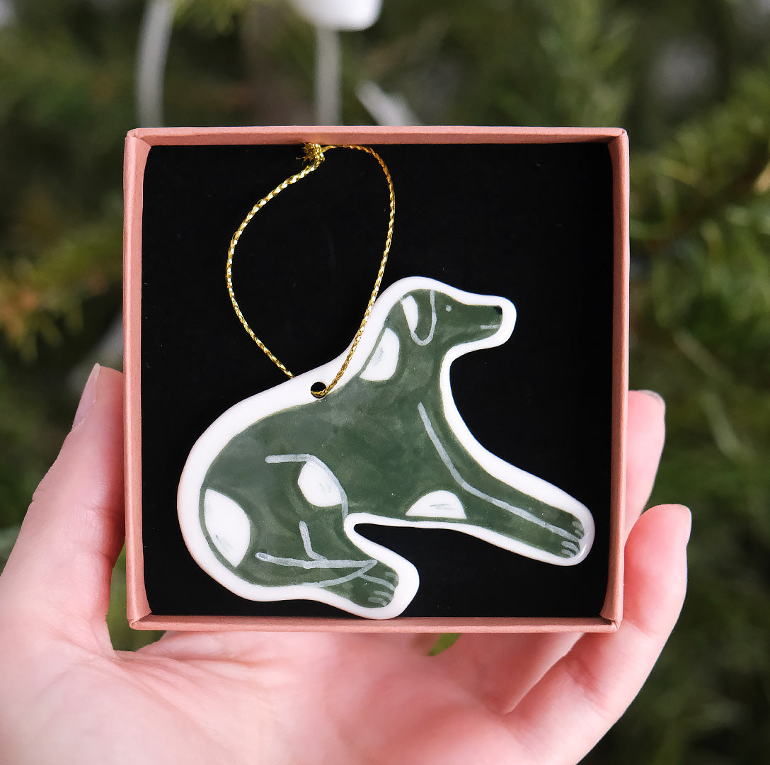 Christmas Porcelain Ornament Green Dog